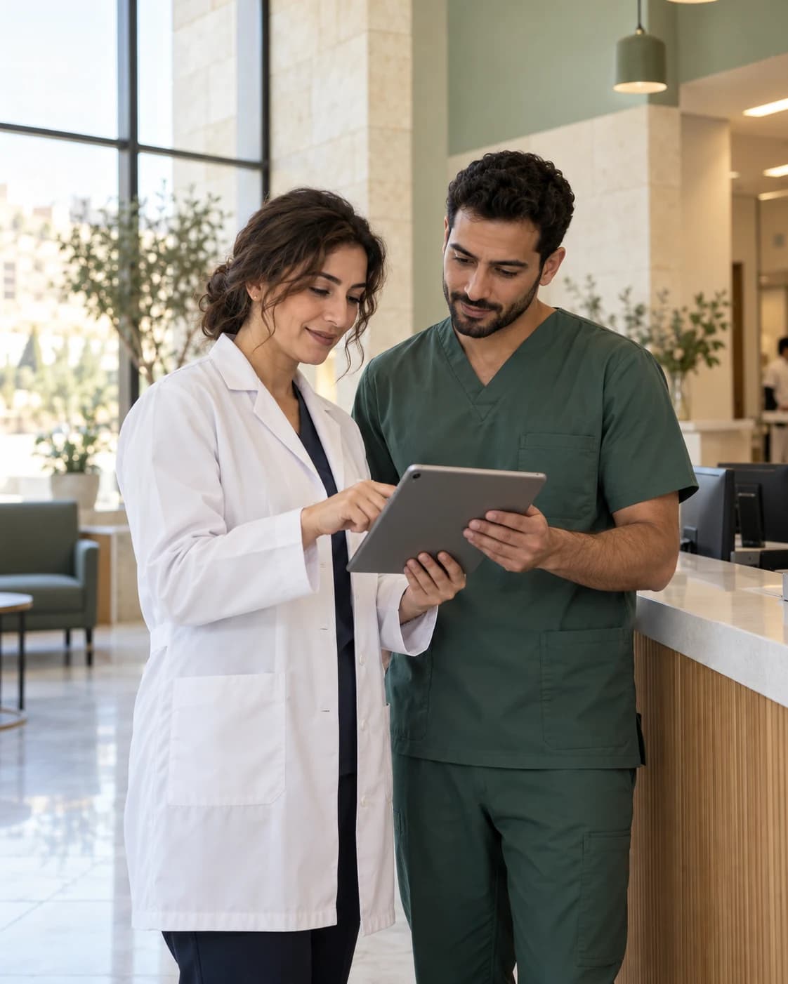 Illustration of two healthcare professionals reviewing information together on a tablet