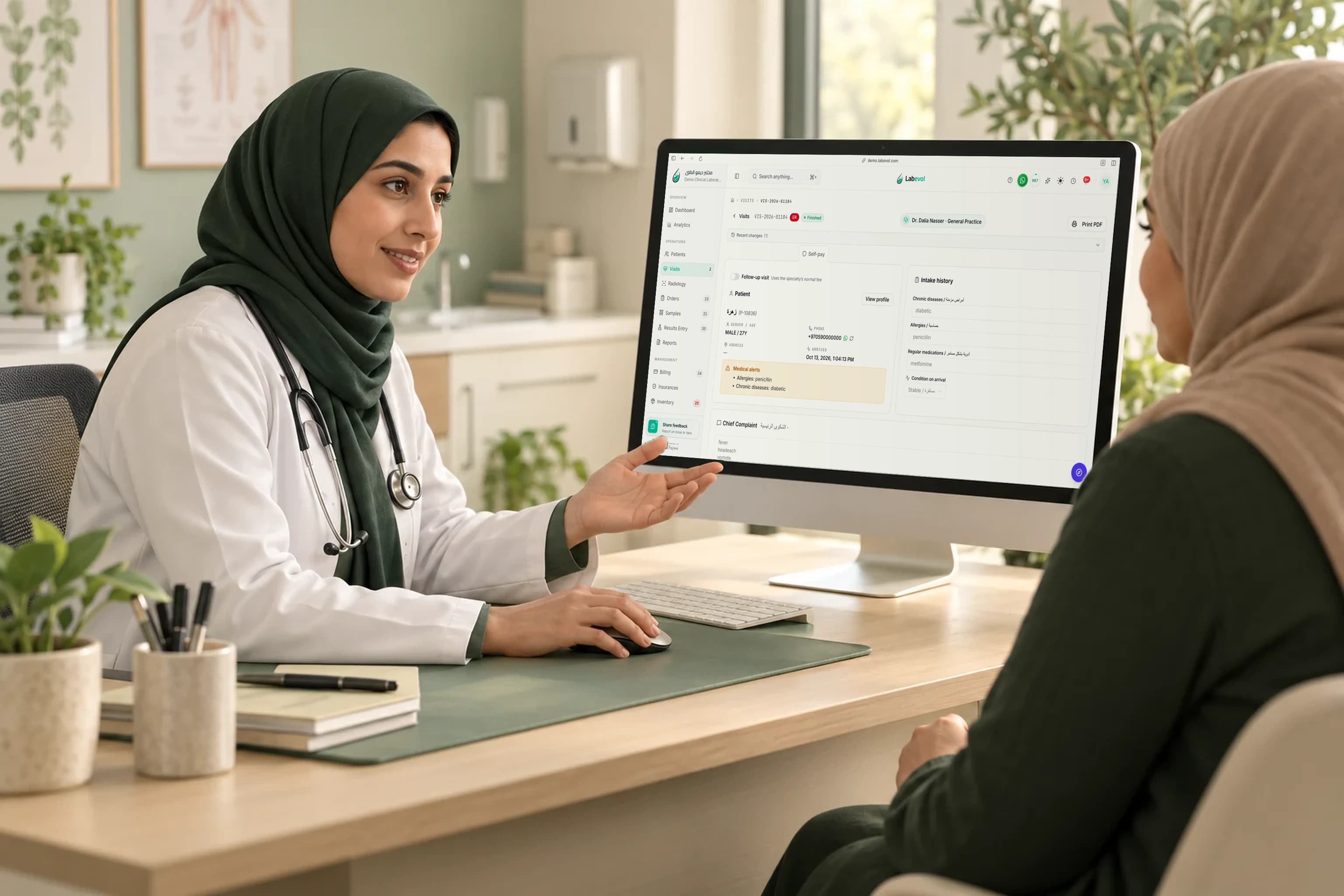 Illustrative scene of a clinician reviewing a patient visit in Labevol